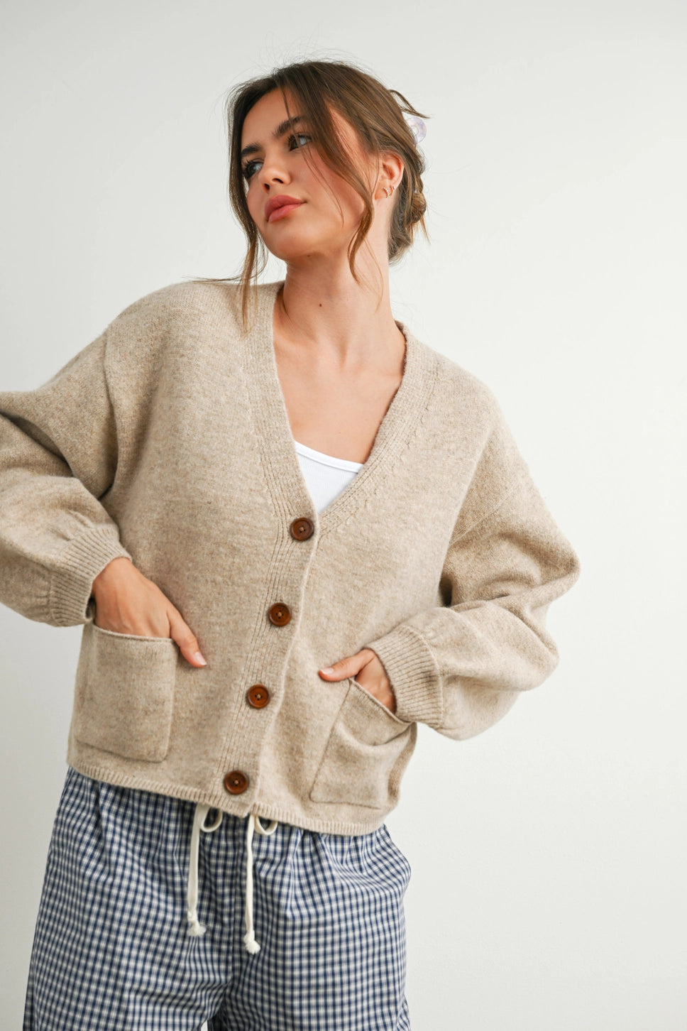TAUPE BUTTON UP CARDIGAN